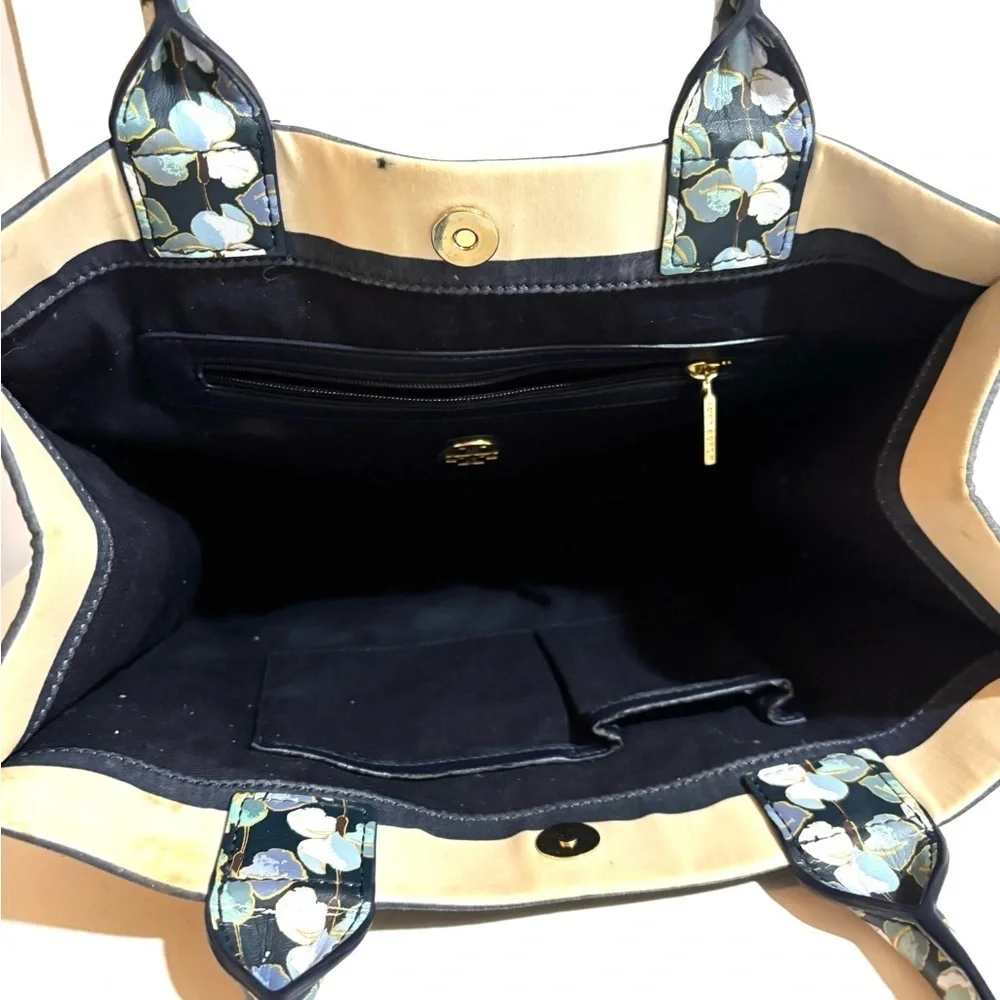 Tory Burch Black and Cream Tote Bag with Structured Design